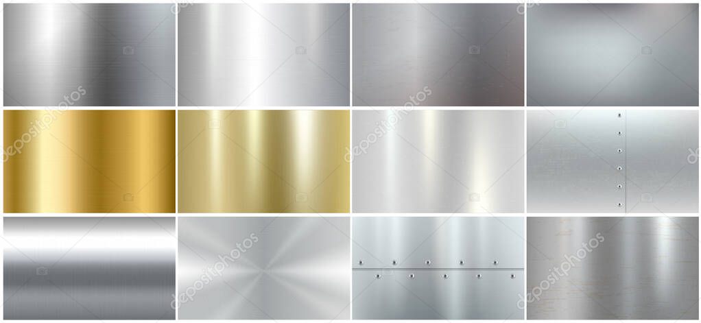 Set of realistic metal textures: brushed steel, silver and golden surfaces templates