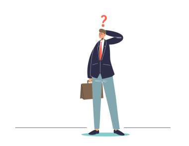 İş dünyası sorunu çözümü veya strateji kavramı üzerinde kafa yoran soru işaretli iş adamı