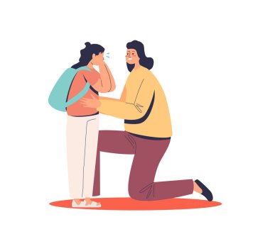 Okuldaki zorbalık yüzünden ağlayan küçük bir kız. Anne kız öğrenciyi gözyaşlarıyla rahatlatıyor.