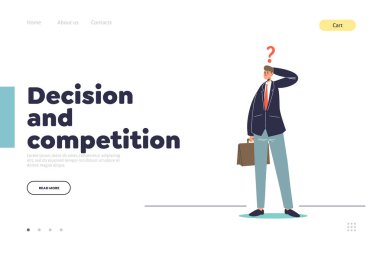 Karar ve yarışma konsepti iş adamı ile birlikte soru işareti üzerine kafa yorma