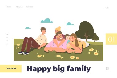 Yeşil çimenlerin üzerinde uzanan mutlu büyük aile, iniş sayfası konsepti.