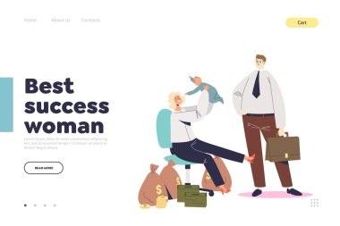 En başarılı kadın konsepti, iş kadını annesi ve işyerinde çocuğu olan bir kadının iniş sayfası.