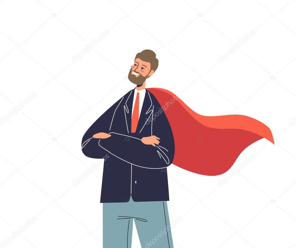 Successful businessman wearing red hero cape. Confident business man in superhero cloak