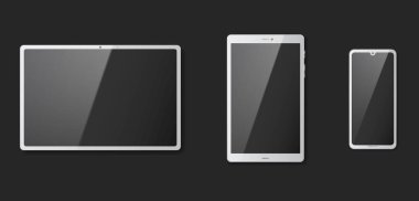 Siyah arkaplanda boş dokunmatik ekran ve işaret fişeği ile gerçekçi tablet siyah rengi