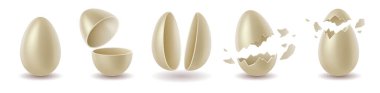Gerçekçi beyaz çikolata yumurtası seti. Kırık, patlamış yumurta kabuğu, iki yarısı ve bütün tavuk yumurtası.