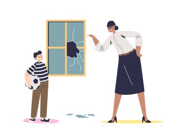 Öğretmen camı kırdığı için çocuğu azarlıyor. Kızgın müdür ya da okul müdürü yaramaz öğrenciye bağırıyor.