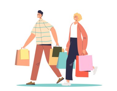 Mutlu aile alışverişleri. Alışveriş çantalı genç bir adam ve kadın.