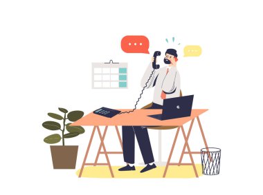 İş yerinde bir sürü telefona cevap veren meşgul bir yöneticiyim. Bunalmış bir ofis çalışanı.