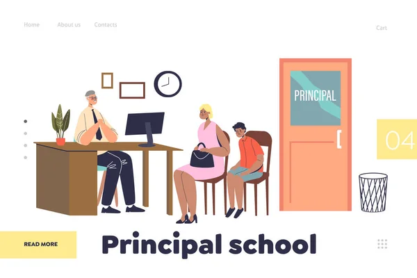 Conceito da escola principal de landing page com a mãe e a criança se encontrando com o diretor em seu escritório —  Vetores de Stock