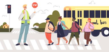 Bir grup çocuk yaya geçidinden geçerken elinde dur işareti tutan bir adam. Trafiği düzenleyen işçi