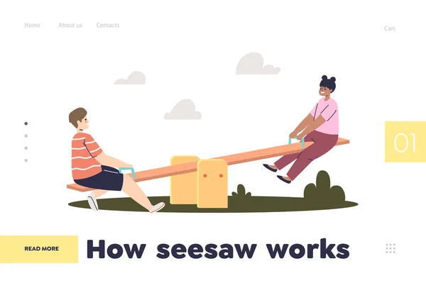 Seesawの仕組みは、 Seesawで遊んでいる子供たちとランディングページの概念です。遊び場の男の子と女の子 — ストックベクタ