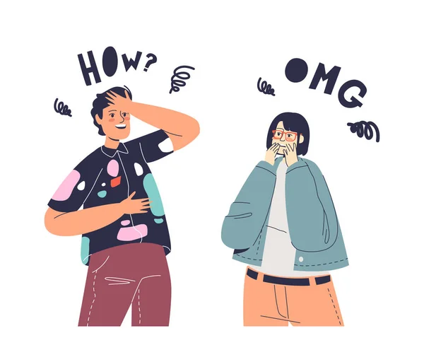 Excited couple in shock. Cartoon man and woman with omg shock emotional reaction on surprise