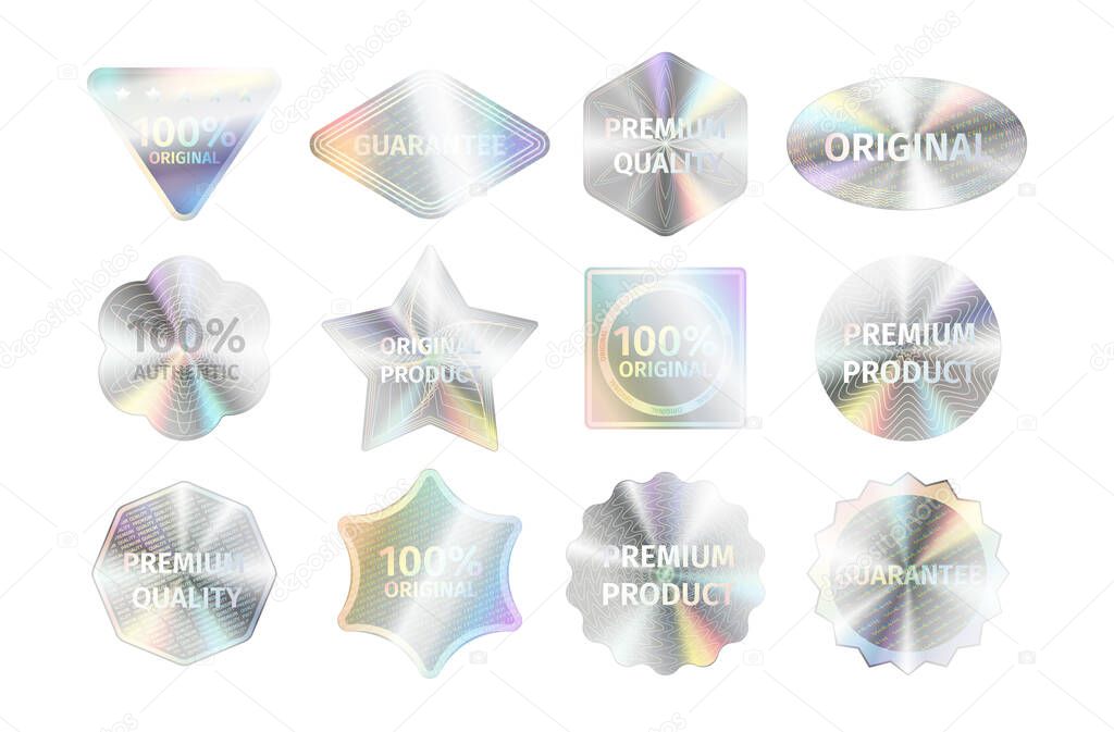 Holographic stickers set. Template hologram badges with certification sign and original symbol