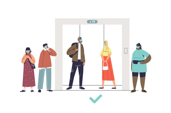 Ludzie trzymają dystans społeczny czekając na windę. postać z kreskówki w maskach medycznych w pobliżu windy — Wektor stockowy