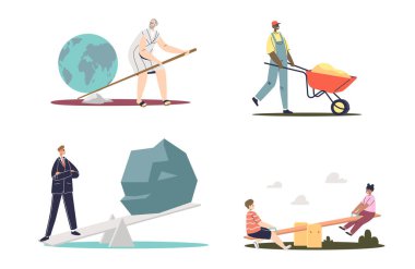 Tahterevalli, dayanak noktası ve insanlar hazır. Çizgi film karakterleri kaldırma için basit dayanak mekanizması kullanıyor