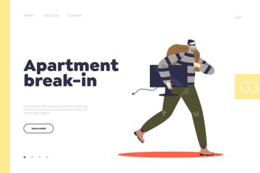Apartment break-in concept of landing page with criminal running with stolen tv after housebreaking
