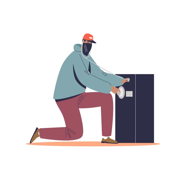 Cartoon robber in mask trying to open big safe. Robbery, burglary and theft concept — Stockový vektor