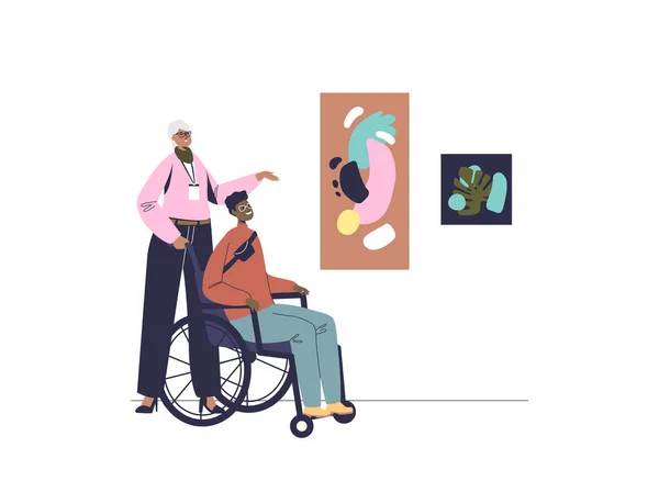Hombre discapacitado en silla de ruedas visita galería de arte. Discapacitados turista chico en museo exposición — Vector de stock