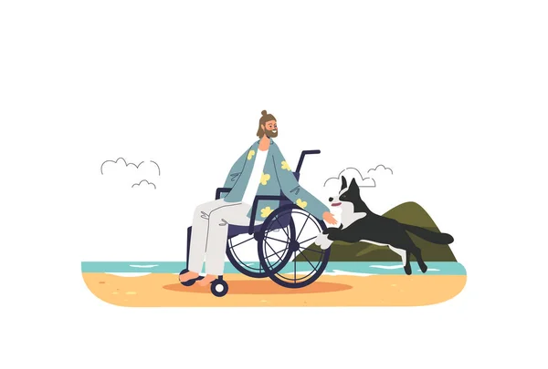 Disabled man on wheelchair on sea coast travel for summer vacation. Tourist guy on wheel chair — Wektor stockowy
