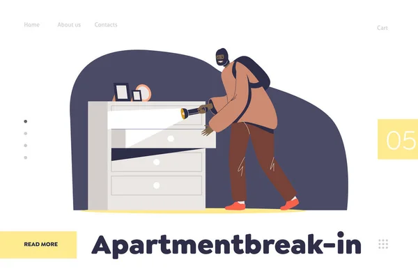 Robbery and apartment break-in concept of landing page with housebreaker steal jewelry from drawer — Stockový vektor