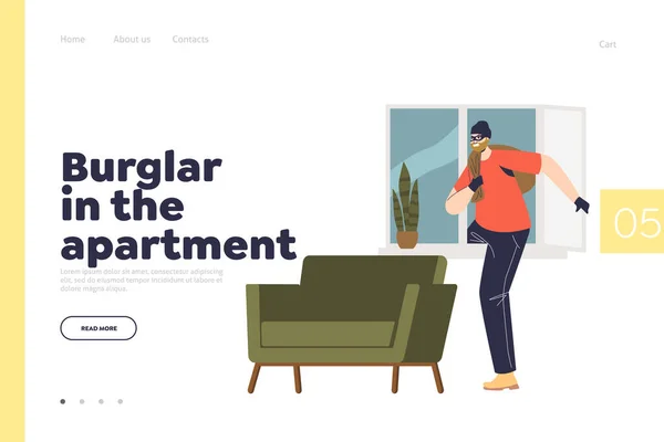 Burglar in apartment concept of landing page with robber escape with bag of stolen after housebreak — Stockový vektor