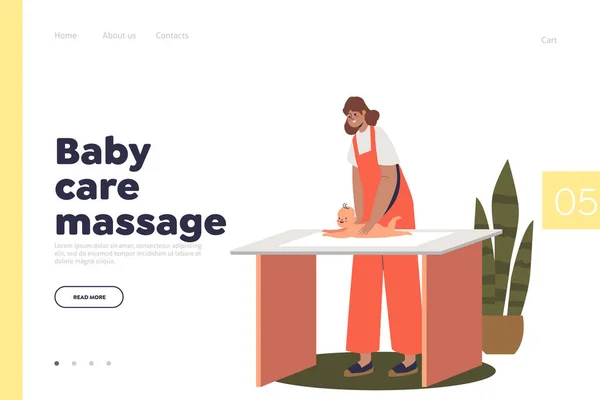 Baby care massage concept of landing page with mother massaging newborn kid on diaper table — Vetor de Stock