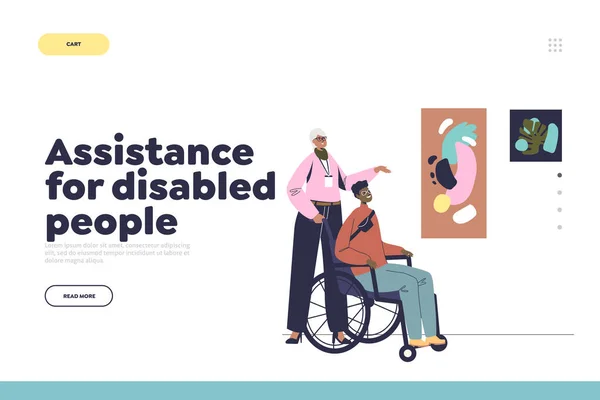 Assistance for disabled people concept of landing page with man on wheelchair visit art gallery - Stok Vektor