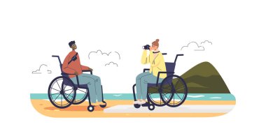 Young disabled people on wheelchairs on vacation on seaside. Happy handicapped couple travel to sea