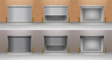 Roller garage gates set. Realistic garage doors on brick and concrete wall with shutter technology