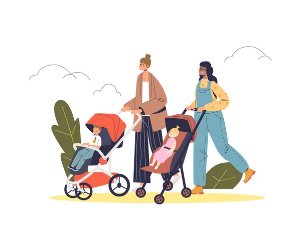 Two mothers walking with babies in strollers in park outdoors. Happy moms pushing kids in pram —  Vetores de Stock