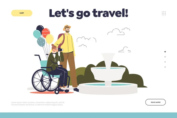 Viajes para personas con discapacidad concepto de landing page con mujer viajera en silla de ruedas hacer foto — Archivo Imágenes Vectoriales