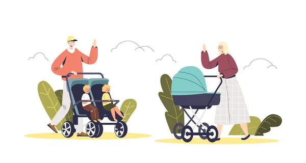 People walk with baby strollers in park. Father and mother pushing carriages with little kids — Stock vektor