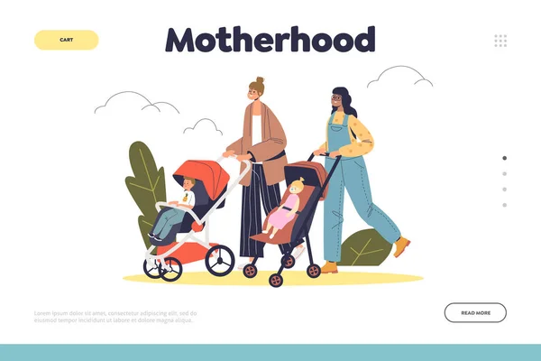 Motherhood routine concept of landing page with two mothers walking with babies in strollers in park —  Vetores de Stock