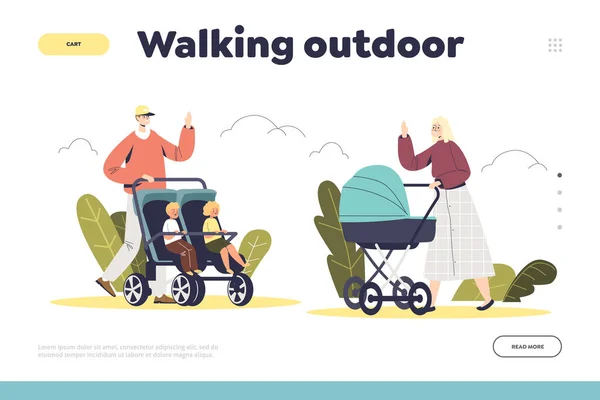 Walking outdoors with kid in pram landing page with people push carriages with little children —  Vetores de Stock