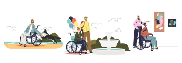 Tourism and travel for disabled people concept of set of cartoons on wheelchair travelling — Wektor stockowy