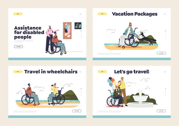 Personas con discapacidad viajan en silla de ruedas concepto de conjunto de páginas de aterrizaje con turistas con discapacidad — Vector de stock