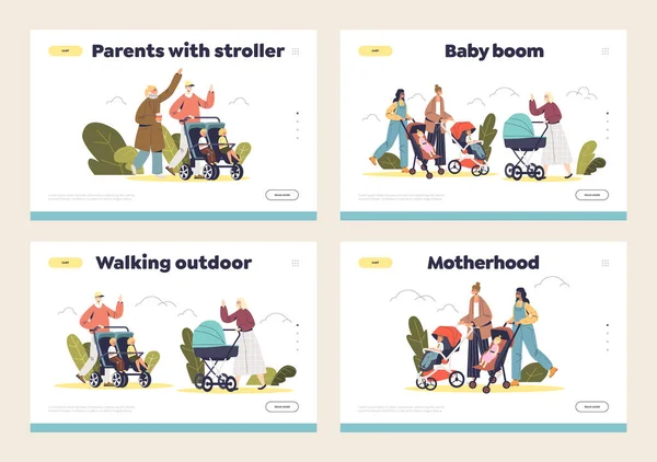 Parents and babies in strollers outdoor concept of landing pages with happy mom, dad and little kids —  Vetores de Stock