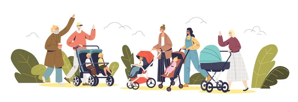 Young parents walking with newborn and preschool kids in carriages and strollers in park — Vettoriale Stock