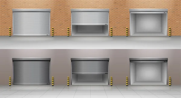 Roller garage gates set. Realistic garage doors on brick and concrete wall with shutter technology — Stok Vektör