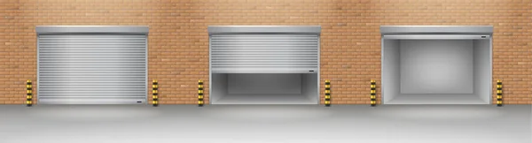 Realistic garage doors on brick wall. Modern opening and closed garage gates — Wektor stockowy