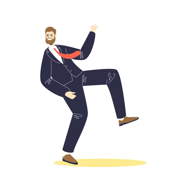 Funny businessman in suit and tie dancing. Cartoon business man character joyful dance — Stock Vector