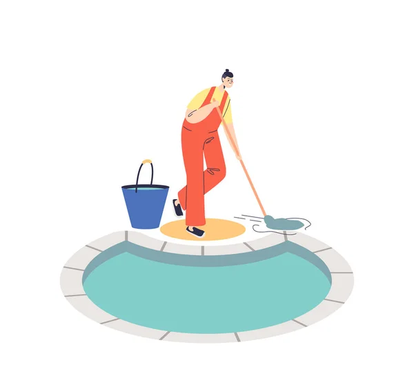 Pool maintenance and cleaning service concept with woman in uniform mopping outdoor swimming pool — Stock Vector