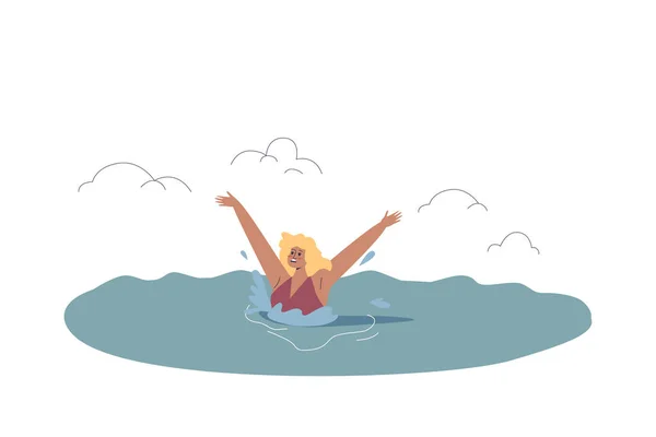 Woman drowning while swimming in sea on beach. Ocean beach emergency situation and lifeguard — Stock Vector