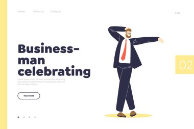 Takım elbiseli başarılı patronla iniş sayfası konseptini kutlayan iş adamı.