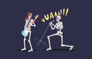 Group of skeletons singing in micro and playing electric guitar. Rock band for halloween clipart