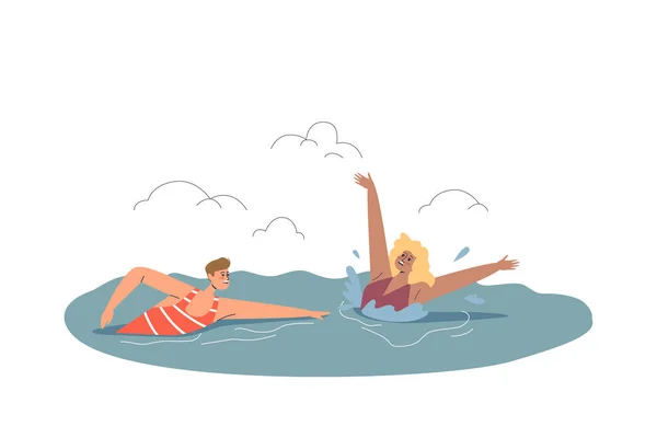 해변에서 휴가를 보내는 동안 바다에 빠져 죽어 가는 여자에게 수영을 하는 비치 해상 구조대 — 스톡 벡터