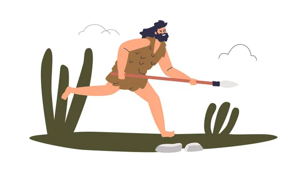 Hombre de edad de piedra. Hombre primitivo cavernícola con lanza cazando mamuts. Cazador prehistórico — Vector de stock