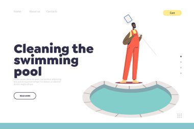 Yüzme havuzu konsepti. Temiz su kaymağı olan bakım işçisiyle iniş sayfası.