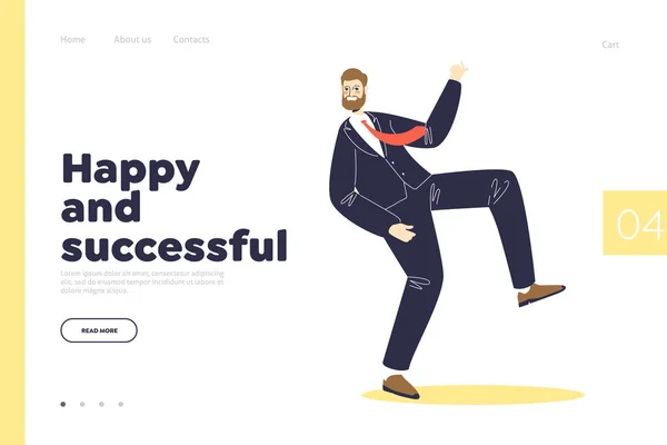 Gelukkig en succesvol concept van landing page met grappige zakenman in pak en stropdas dansen — Stockvector