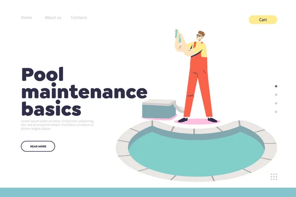 Pool maintenance and cleaning service landing page with worker taking water for chemical analysis — Stock Vector